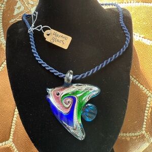 Murano Blue and Green Fish Pendant Necklace